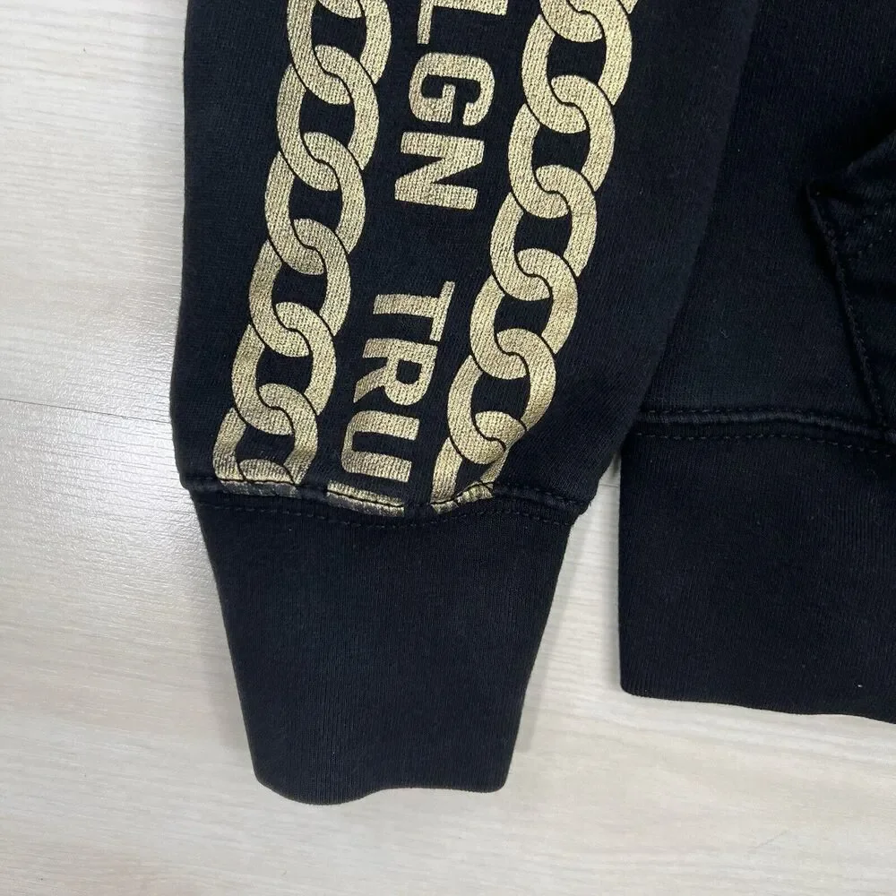 True Religion Hoodie Mens Small Black Gold Chain Spell Out Sleeves Full Zip